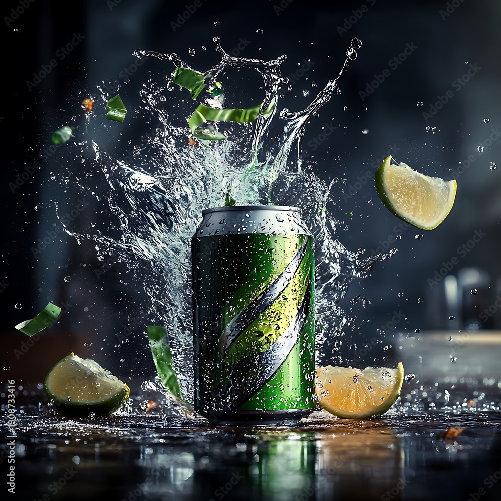 Poster refreshing citrus soda can in dynamic splash with fresh limes and ice against dark background