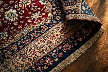 A richly patterned oriental rug with intricate floral designs in shades of red, blue, and beige, elegantly rolled on a hardwood floor.
