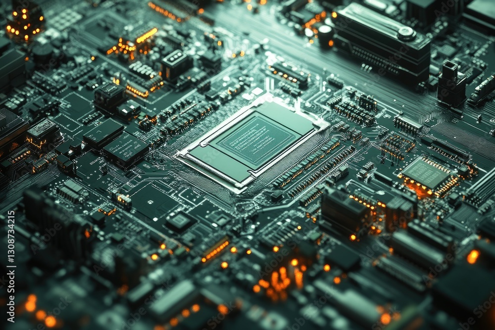 Poster Close-up of a complex circuit board showcasing intricate electronic components and connections.