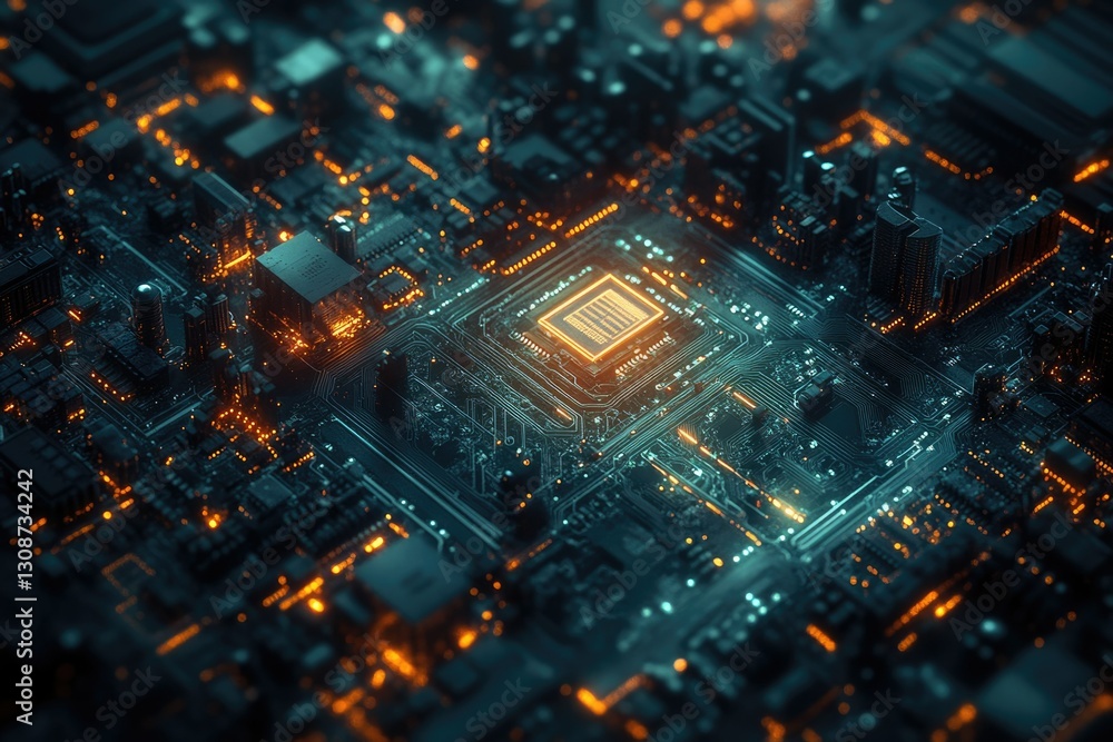 Fototapete close-up view of a circuit board with glowing components, showcasing intricate technological details