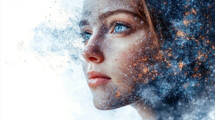 A beautiful woman has celestial particles merged into her face