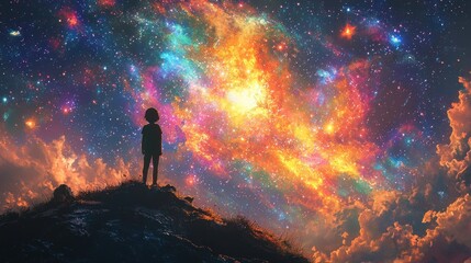 Fototapeta premium A lone figure contemplates a vibrant and colorful celestial expanse above