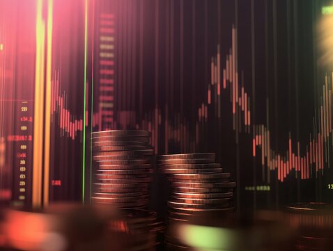 3D rander illustrate of coins and stock graph.