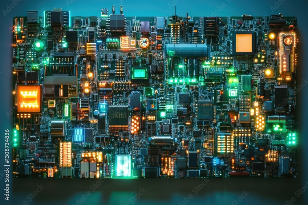Poster a complex circuit board with glowing components, showcasing intricate electronic technology.