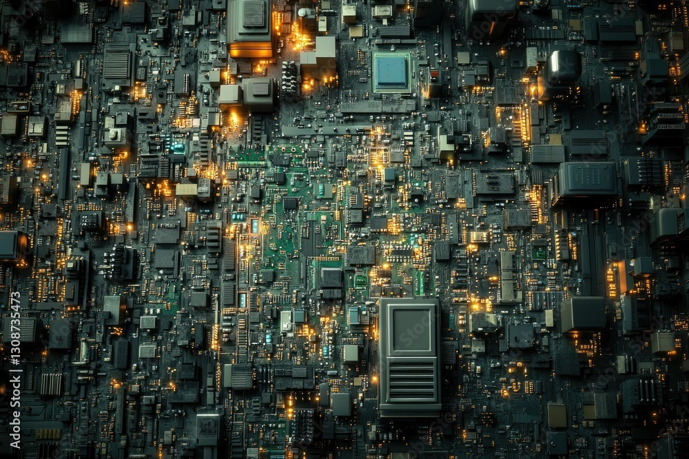 Poster Complex circuitry board with glowing components, representing technological advancement and intricate design.