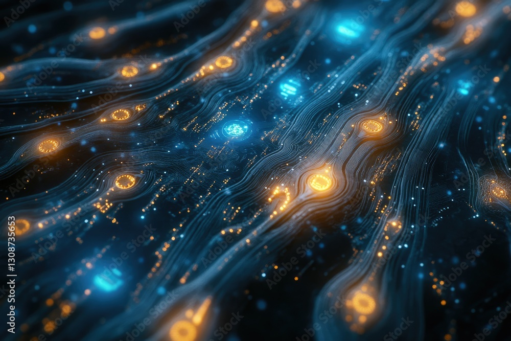 Aufkleber Abstract digital landscape with glowing lines and nodes, representing data flow and network connections.