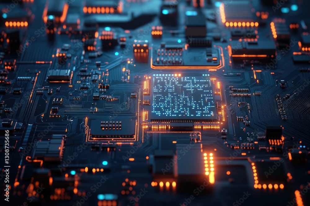 Aufkleber Close-up of a circuit board with a central processor glowing, showcasing intricate technological details.