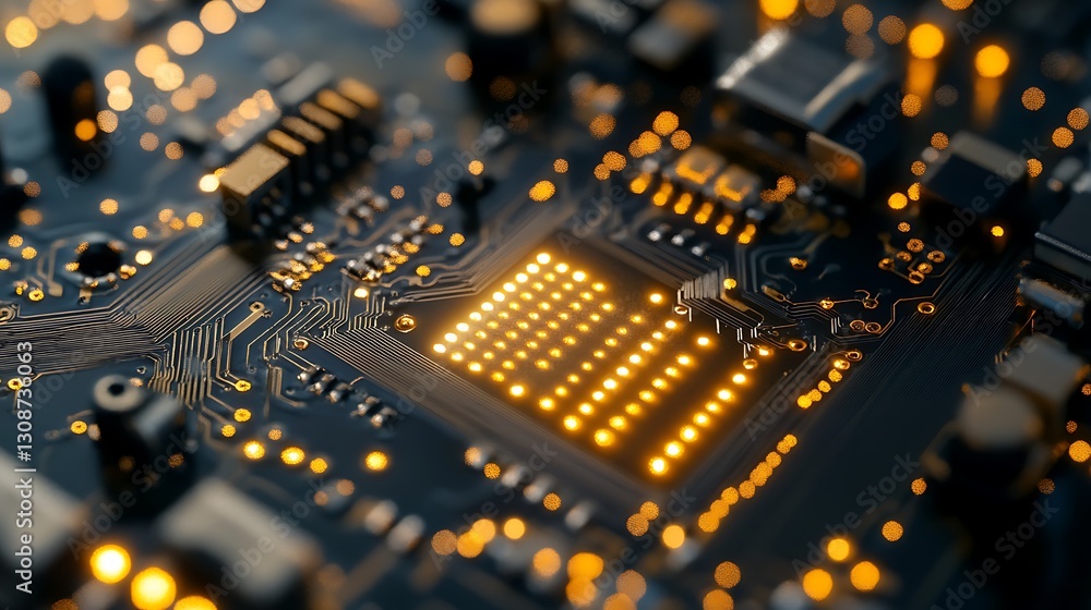 Poster illuminated circuit board with glowing components close-up technology concept