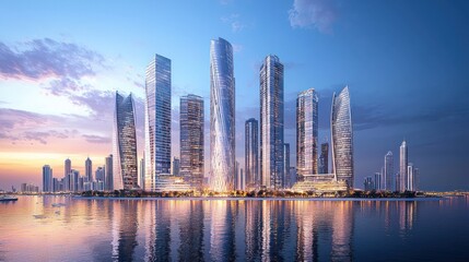 Modern city skyline reflecting on calm water at sunset.