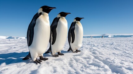 Obraz premium Three emperor penguins standing on snow in antarctica