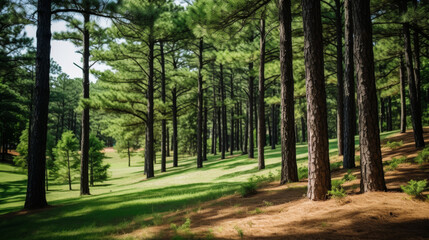 Obraz premium serene forest scene with tall pine trees casting shadows on grassy ground, creating peaceful and natural atmosphere