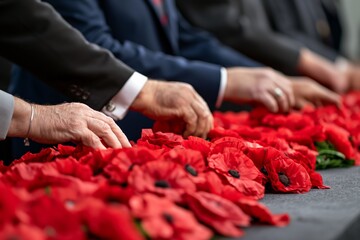 People arranging red poppies in remembrance ceremony outdoors
