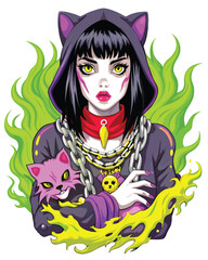 A photorealistic portrait of a girl with thick, tangled black bangs partially obscuring her eyes,  soft lighting emphasizing strands of silver hair interwoven.