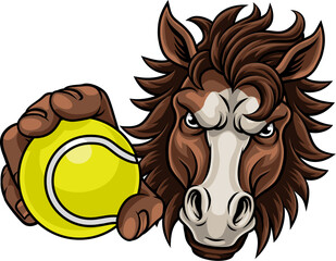 Horse mustang bronco stallion angry tennis sports team mascot holding a ball.