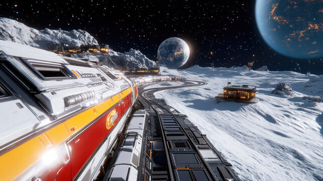 Futuristic space exploration on distant moon with planetary views for sci-fi enthusiasts and outer space themed projects