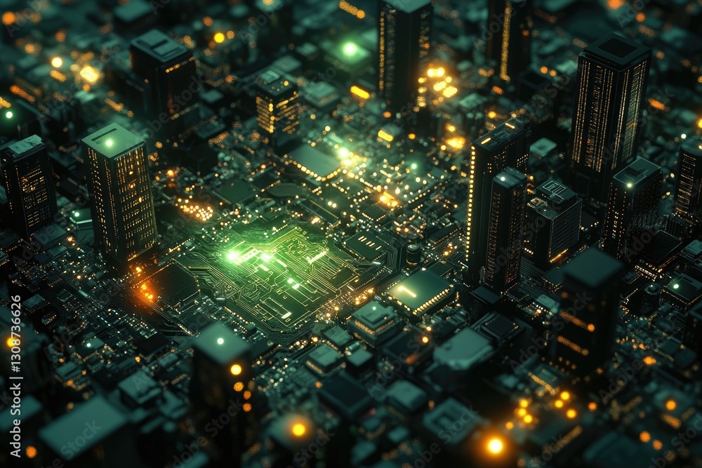 Poster a futuristic cityscape built on a circuit board, symbolizing the merging of urban life and technolog