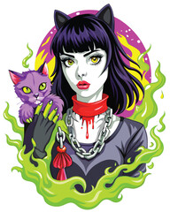 Realistic portrait of a girl with messy, tangled black bangs interwoven with silver threads, melancholic expression, close-up.