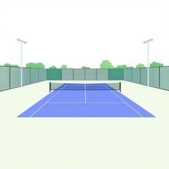 Tennis Court Illustration: Flat Vector Design, Outdoor Sport Game, Minimal Graphic with Net and Lines, Blue and White Icon