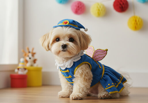 Cute baby shichu in a blue dress. Costume.