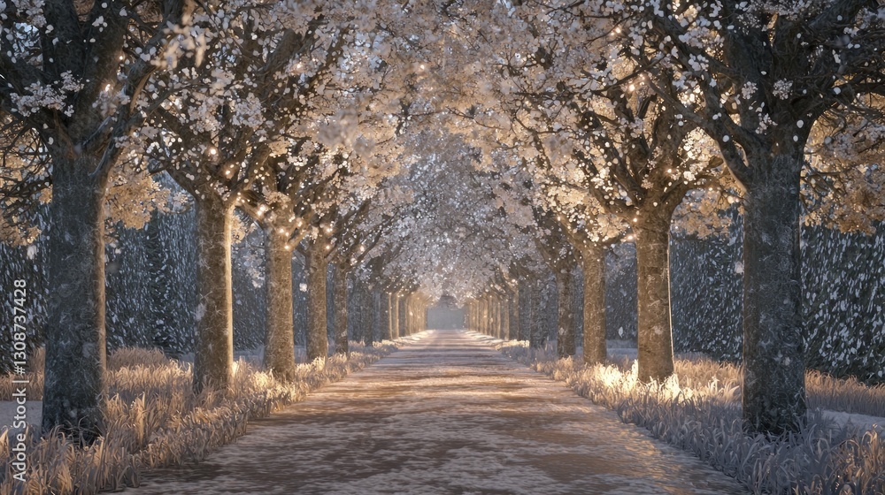 Poster snowy path lined with illuminated trees.