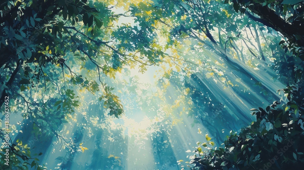 Poster sunbeams filtering through lush forest canopy.