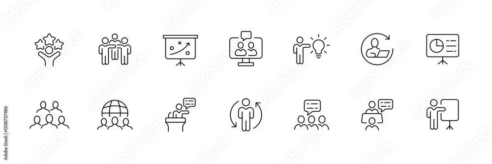 Poster linear flat icons set of teamwork and collaboration concepts with meeting and presentation elements.