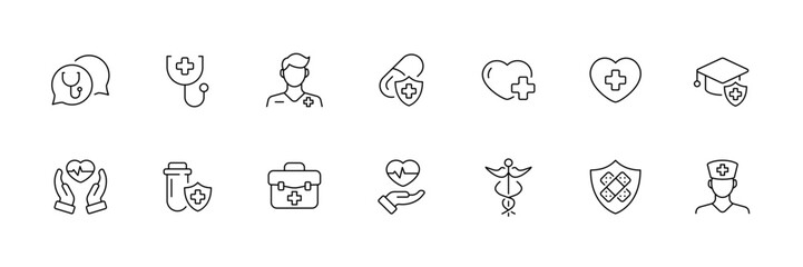 Medical icon set in linear vector style featuring healthcare and doctor flat designs.