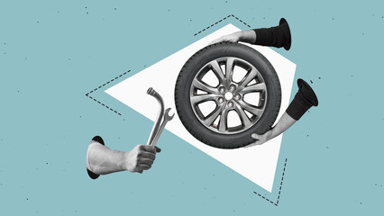 Mechanic with wrench on the isolated white background. Flat design art collage,