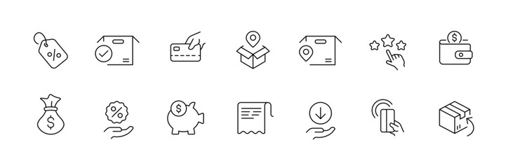 Flat linear e-commerce and shopping icons set – black vector outline collection.