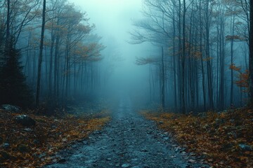 Fototapeta premium Foggy forest road in autumn with misty trees