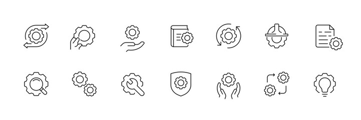 Linear icons set of gear and settings: flat vector style for digital interfaces.