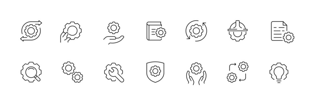 Linear icons set of gear and settings: flat vector style for digital interfaces.