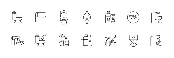 Flat linear bathroom and hygiene icons set - toilets, soap, sanitize, wc, faucet.