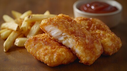 Golden Fried Fish and Chips Crispy Battered Cod Fillets with French Fries and Ketchup Delicious, fast food style, served hot and ready Perfect pub grub, quick takeaway meal or simple family dinner