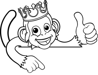 A monkey king cartoon character animal wearing a crown peeking over a sign and pointing at it while giving a thumbs up