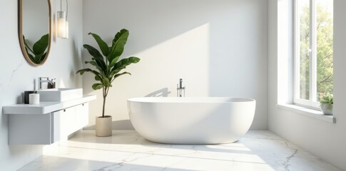 Fototapeta premium Bright, minimalist white marble bath with tub, freestanding, bathtub