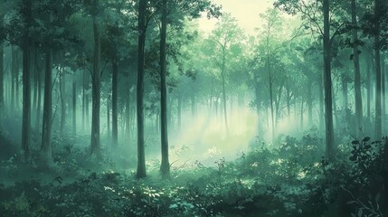 Obraz premium Misty green forest path in sunlight.