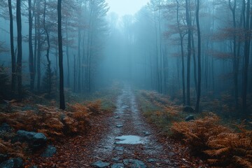 Obraz premium Misty forest road in autumn with colorful ferns and foggy background