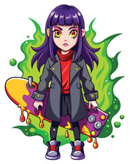 Portrait of a girl with striking violet eyes, long black hair tangled and flowing, ethereal and slightly melancholic expression.