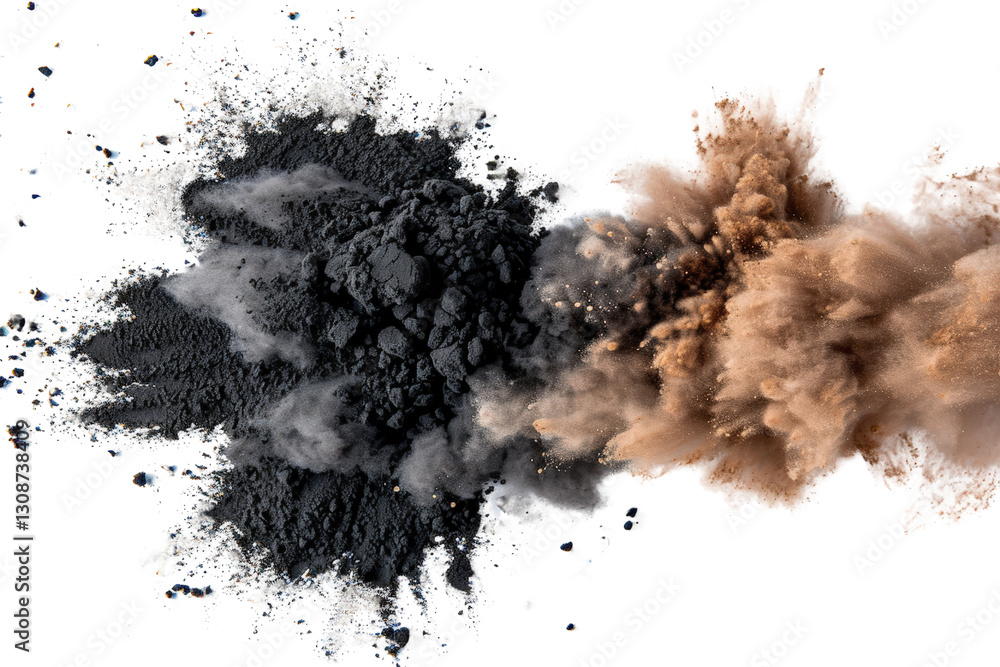 Poster explosive cloud of dust and smoke in dynamic motion with dark and light particles for creative backg