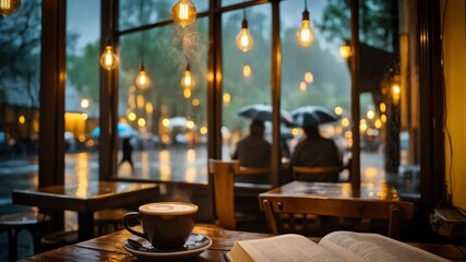 A cafe interior on a rainy evening, with a coffee cup and a book on a wooden table. Intimate evening atmosphere.