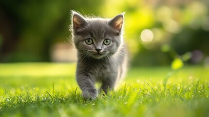 Kitten walking in garden sunlight