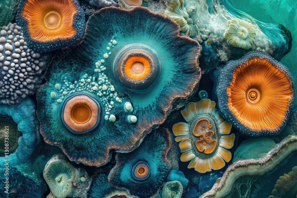 Poster vibrant underwater scene showcasing diverse coral species with intricate textures and striking color