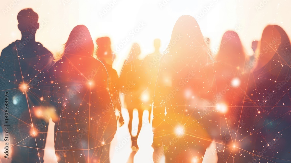 Poster picture symbolized people connect with particle connecting represent internet system for communicati