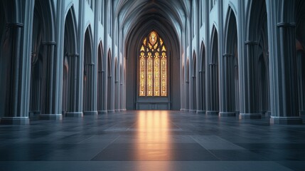 Obraz premium Serene Gothic Architecture with Illuminated Stained Glass Window in a Quiet Cathedral Interior
