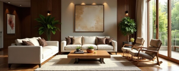 Elegant living room, brown & white sofas, charming swings, calm, modern, cushion