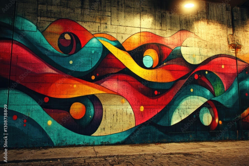 Poster vibrant abstract wave mural painted on a textured concrete wall, showcasing a dynamic interplay of c