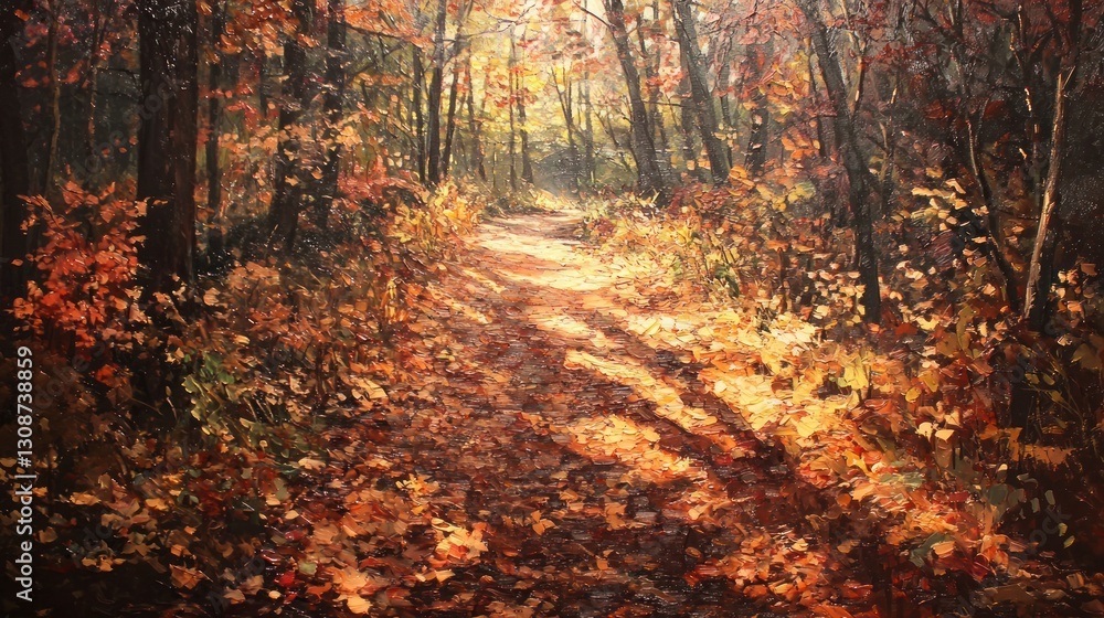 Poster sunlit autumn path through forest with colorful leaves.