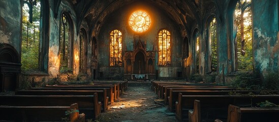 Sunlit Ruins of Abandoned Church Interior
