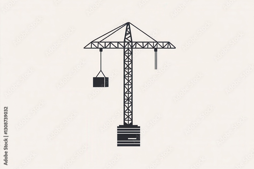 Poster minimalist logo featuring a silhouette of a tower crane lifting a block against a monochrome backgro